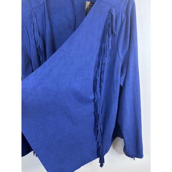 COLLEEN LOPEZ Faux Suede Fringe Open Jacket 1X Drape 3/4 Sleeve Blue Western - Picture 5 of 10